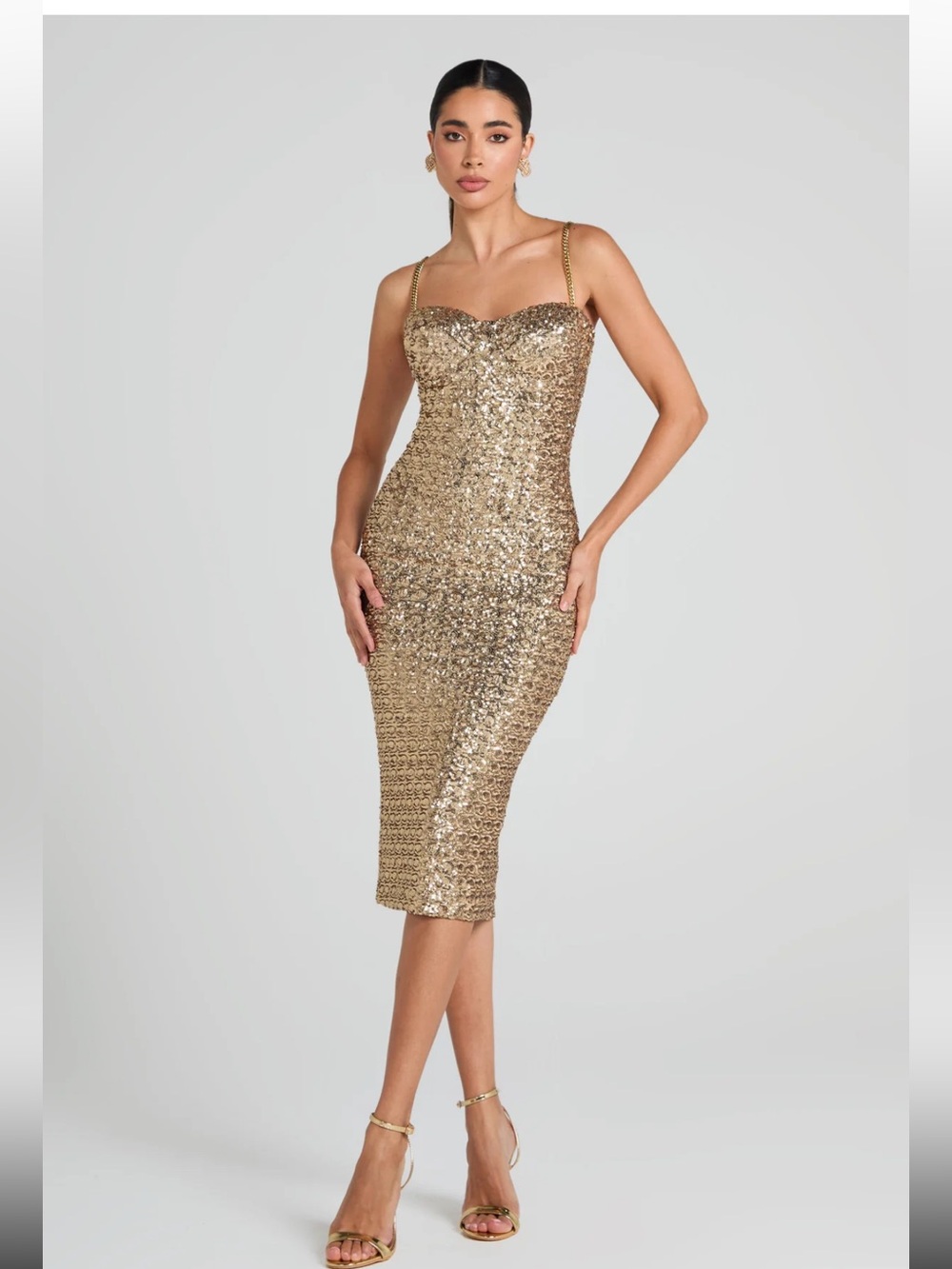 NADINE MERABI Nina Gold Sequin Midi Dress Size 4 | MSRP $495
